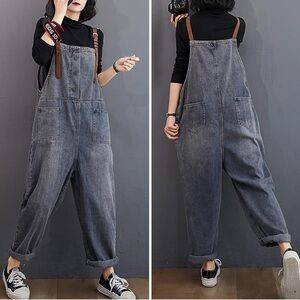 Japanese style Denim Overalls with Brown Straps